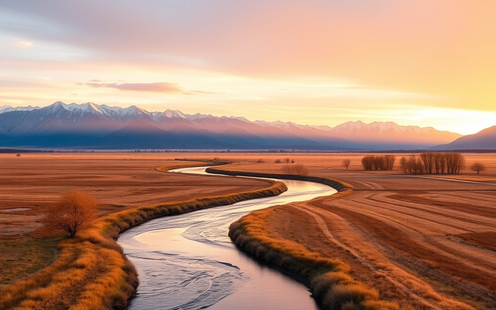 River valley near Bozeman, Montana at golden hour — short-term rental country between the mountains