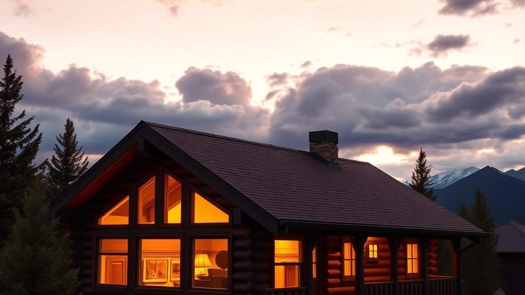 Airbnb cabin rental under a big Montana evening sky — a timber vacation home with warm lit windows near Bozeman