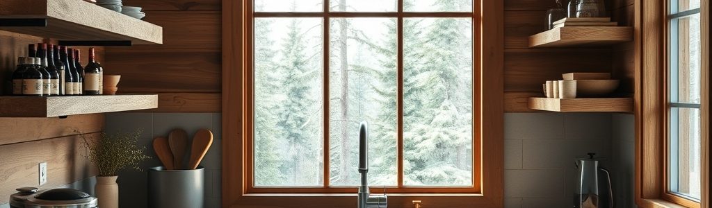 Kitchen of a Montana short-term rental cabin — wood counters and a forest view guests remember